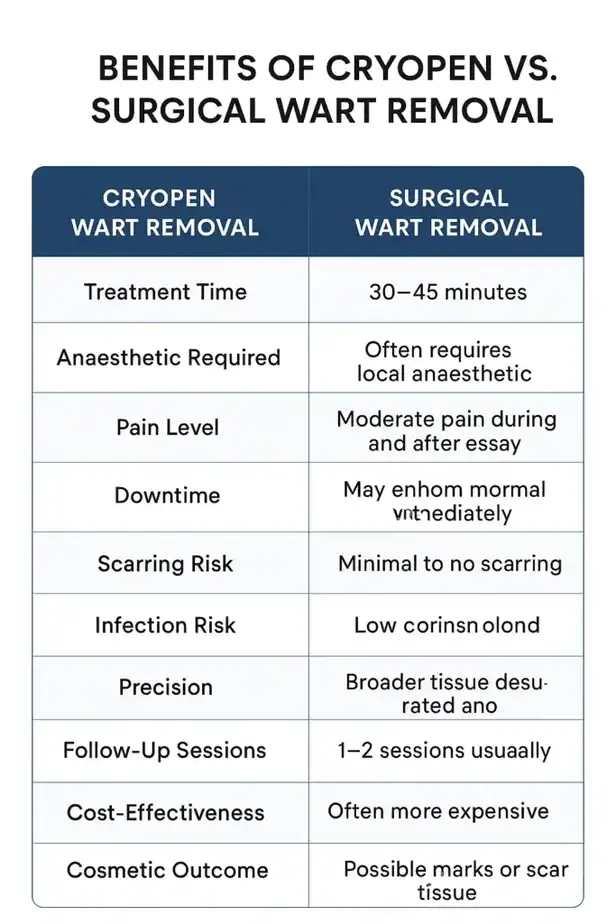 Table showing the benefits of cryopen to remove warts Worthing compared to surgical treatment
